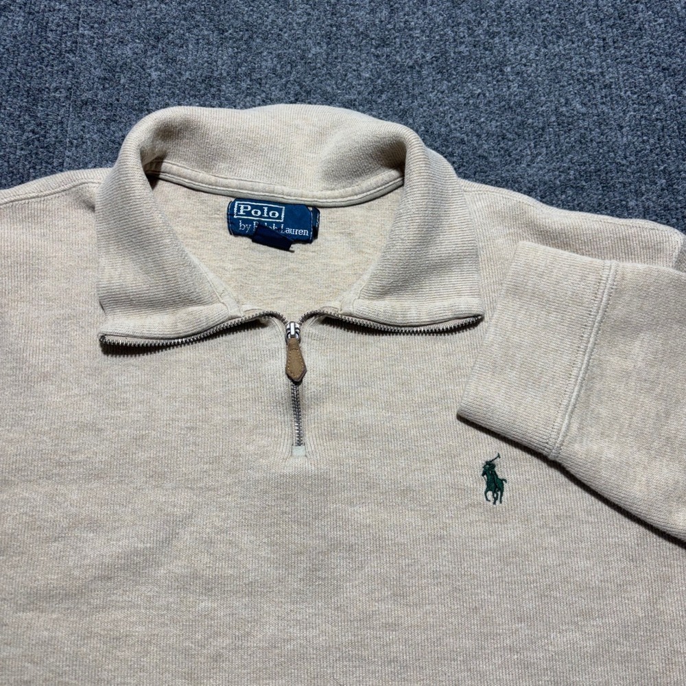 Polo Ralph Lauren Mens XL Tan Heather Quarter Zip Pullover Sweatshirt Green Pony
